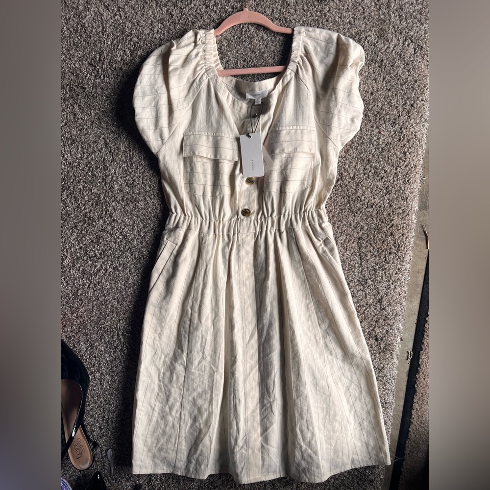 Cream Button-Front Elastic Waist Midi Dress